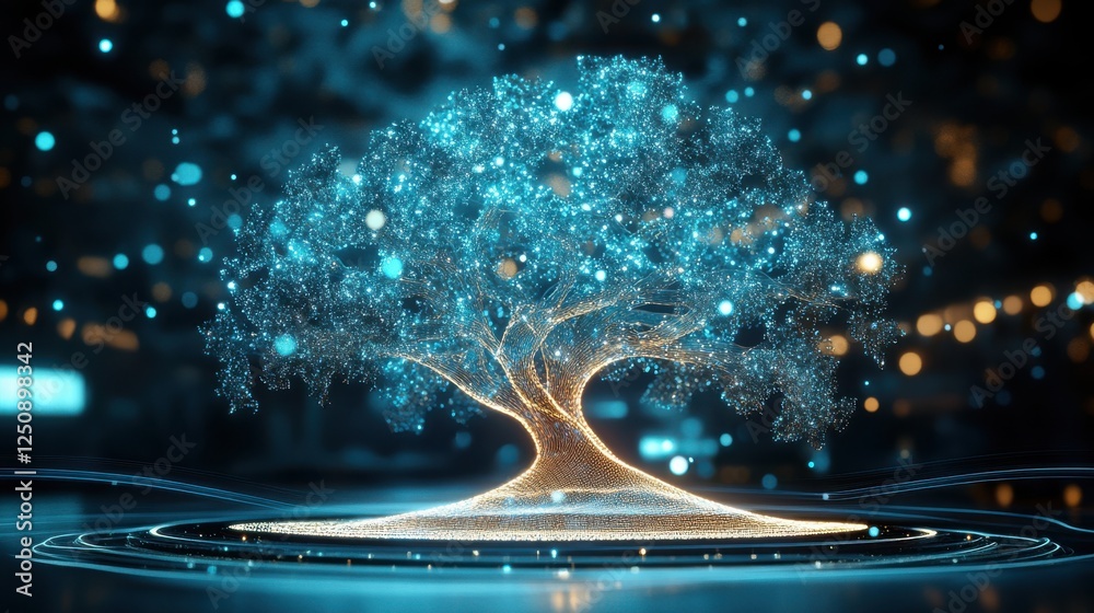 Poster towering glass tree illuminated by particles showcases futuristic design elements against a dark bac