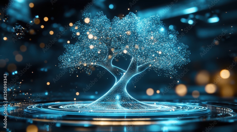 Poster ethereal luminescent tree rising from a shimmering digital landscape, showcasing advanced technology