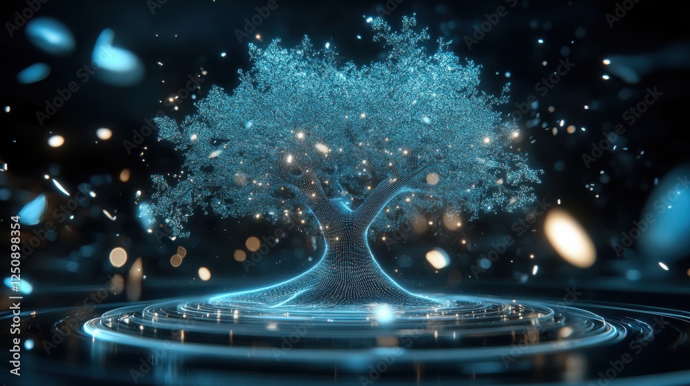 Poster Towering translucent tree emerges from particle light in a futuristic display of nature's elegance against a dark backdrop