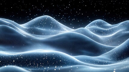 Obraz premium Abstract glowing blue waves with sparkling particles under a starry night sky.