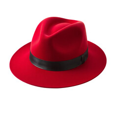 Stylish Red fedora hat with wide brim and black band isolated on transparent background