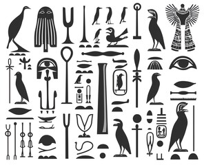 Obraz premium Ancient Egyptian hieroglyph icons with gods, ankh and scarab symbols