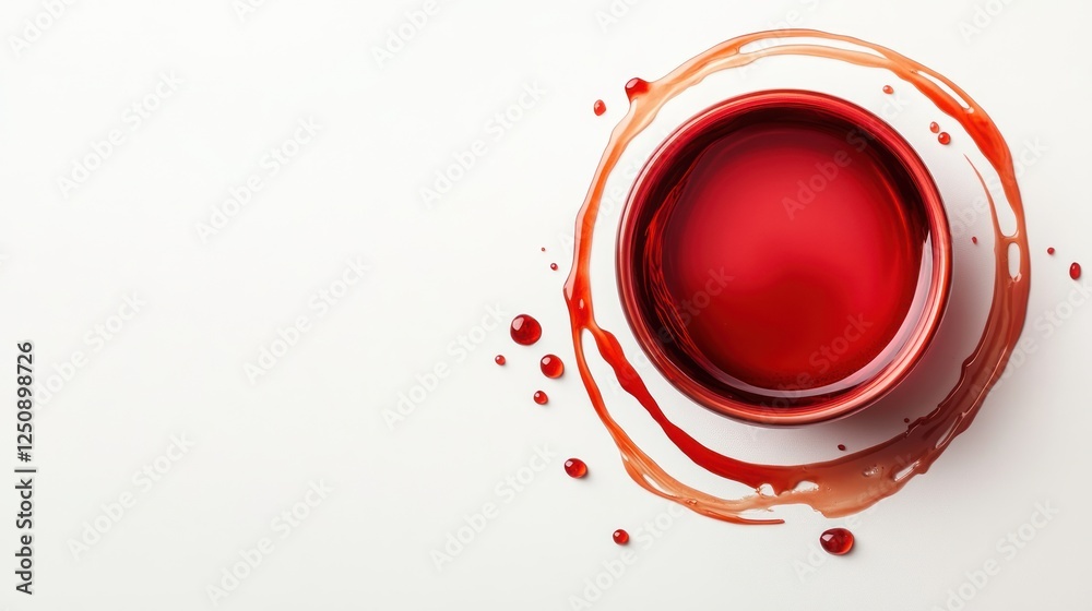 Aufkleber Bright Red Liquid in Round Container with Splash on White Background for Creative Designs and Concepts