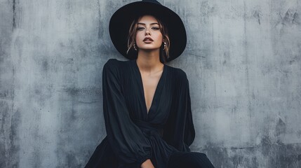 Woman in black clogs and trendy black hat