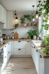 Bright Modern Kitchen With Abundant Greenery And Wooden Accents