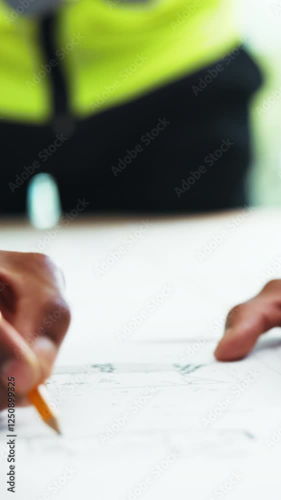 Poster pencil, notes and hand of architect with blueprint for building strategy, contractor ideas or develo