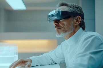 Senior man using VR headset to design a building, futuristic technology.