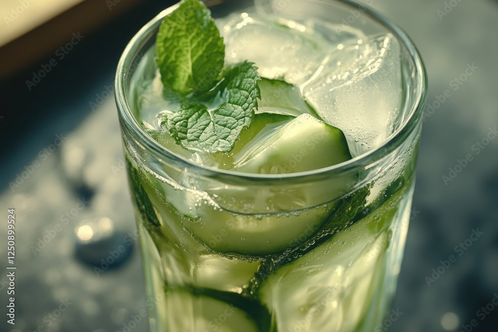 Poster a refreshing beverage filling a glass with cucumber slices and fresh mint leaves