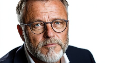 Portrait of a Confident and Serious Businessman Wearing a Suit and Tie Posing with a Serious Expression Against a Plain White Background in a Studio Setting