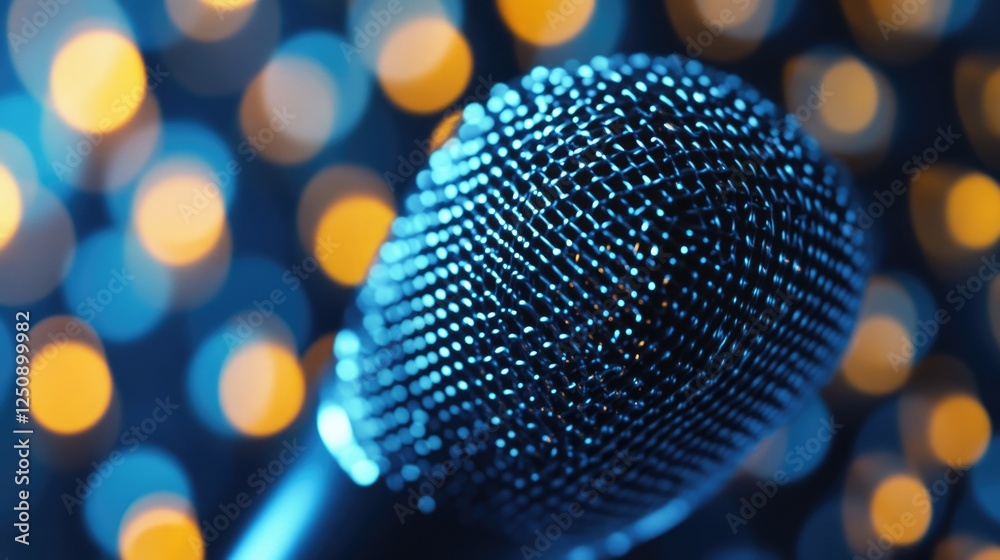 Poster a close-up shot of a microphone with blurred lights in the background