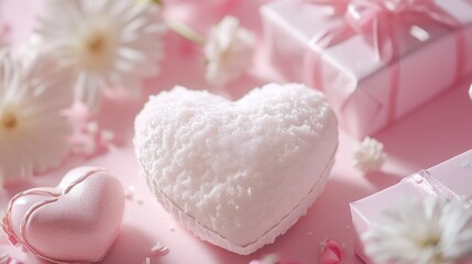A romantic gesture with a white heart surrounded by white flowers and gift boxes, ideal for Valentine's Day or anniversary celebrations