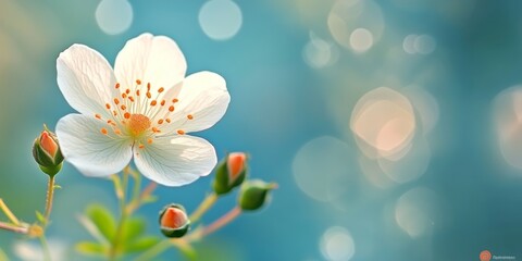 Obraz premium Elegant White Wild Rose Flower With Orange Center, Green Leaves And Buds, Shallow Depth Of Field
