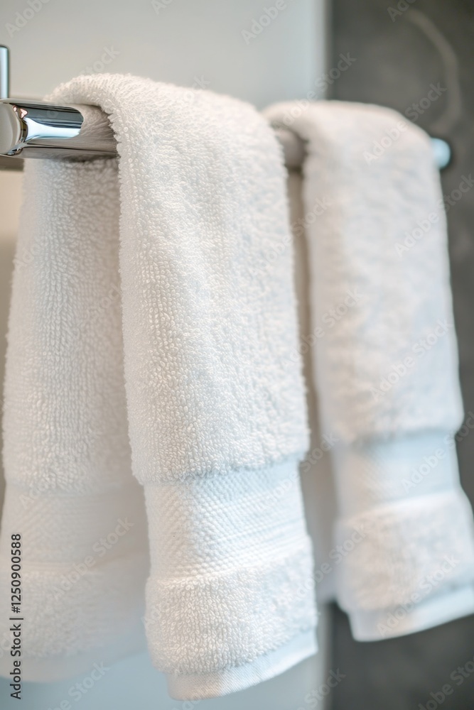 Poster a pair of white towels hung on a simple towel rack, ready for use