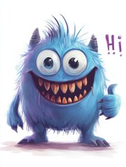 Obraz premium A playful monster grins and greets with a cheerful hi Adorable cartoon character in a simple hand drawn style 2D illustration suitable for baby cards or clothing prints