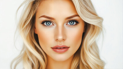 Fototapeta premium Stunningly beautiful young blonde with long wave hair and big blue eyes posing in front of the camera. Close-up portrait.