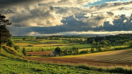 Obraz premium Serene Landscape with Rolling Fields Under Dramatic Cloudy Sky