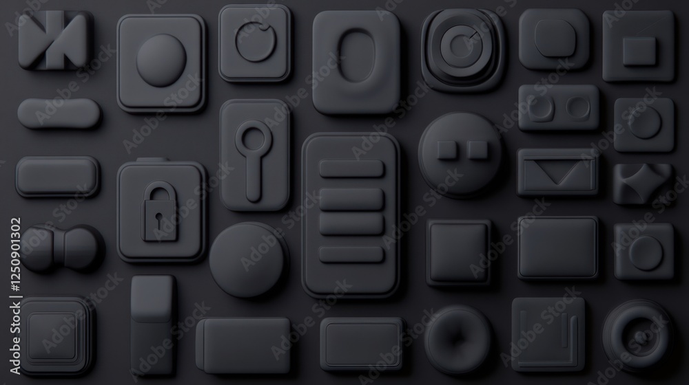 Poster Collection of Flat Black Shapes and Buttons on Dark Background for Minimalist Design and UI Concepts