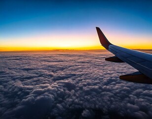 Obraz premium Airplane Wing Above the Clouds at Sunset Generated image