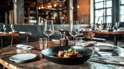 Fototapeta premium Elegant Dining Setting with Gourmet Dish and Fine Glassware