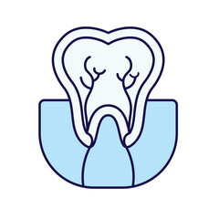 This image is a minimalistic, outline-style icon of a tooth cross-section. It depicts the internal structure of a tooth, including the enamel, dentin, pulp, and root canals