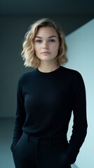 Obraz premium Confident young woman stands in modern interior with soft lighting and minimalist design
