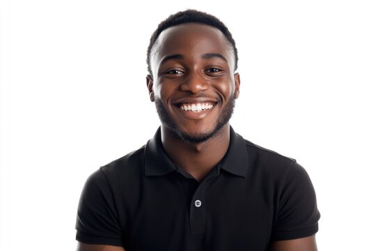 A person wearing a black polo shirt and smiling directly at the viewer