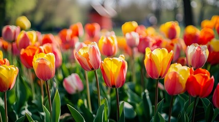 Vibrant Tulip Field with Colorful Blooms in Springtime Sunshine