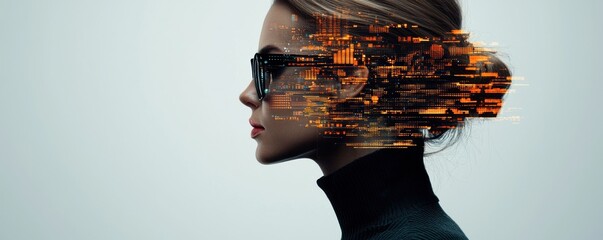 Futuristic digital portrait showcasing the of technology and finance featuring a conceptual cyberpunk inspired visual with a model s face overlaid with glitch and data effects