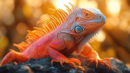 Fototapeta premium A colorful iguana basking on a rock in the bright sunlight