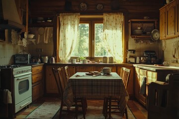 A homemade meal in a rustic kitchen, warm atmosphere.