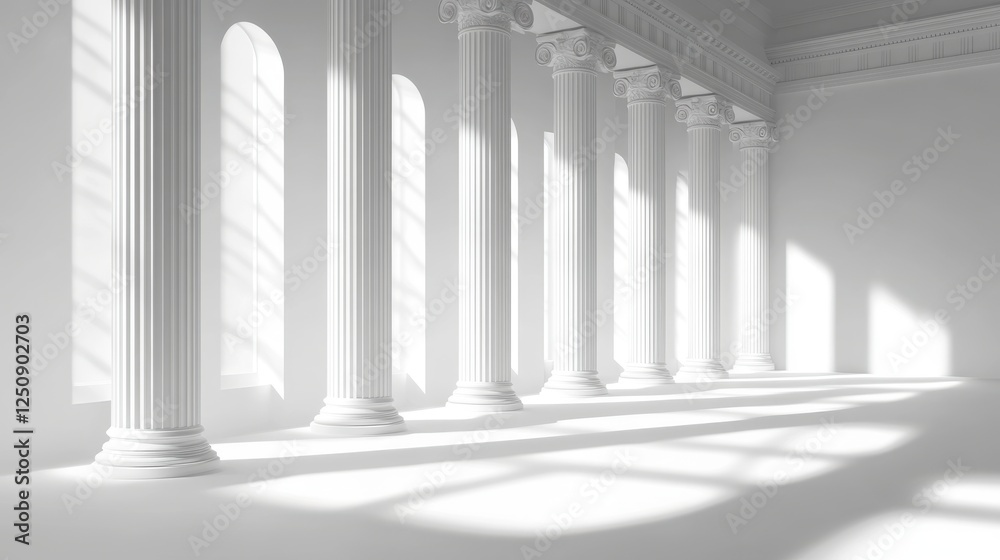 Poster Minimalist interpretation of classical Greek architecture showcasing elegant columns in a serene, modern space illuminated by soft shadows and clean lines