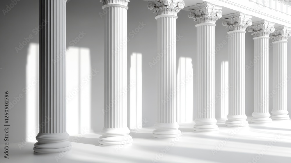 Poster Minimalist architecture featuring Greek columns with sharp lines and soft shadows creates a serene atmosphere against a pure white background