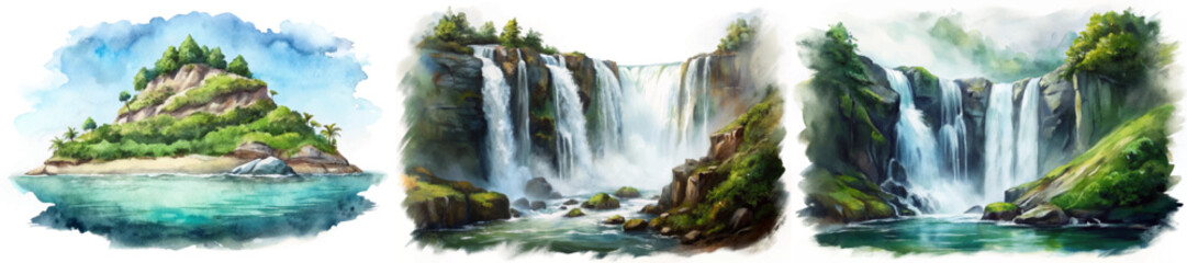 Obraz premium Scenic waterfall landscape, lush greenery, tranquil water, vibrant colors, nature illustration, artistic watercolor style.