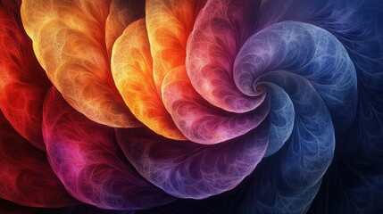 A vibrant, abstract design features a complex, layered pattern of overlapping, textured, and colorful shapes.