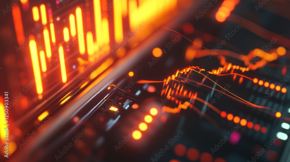 Poster Abstract glowing orange data streams and graphs on a futuristic control panel.