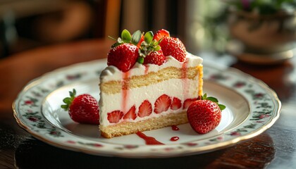 Delicious Strawberry Cream Cake Slice with Fresh Strawberries and Whipped Cream on Vintage Plate