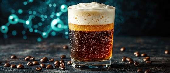 drinks coffee fizzy concept. A frothy glass of beer on a dark surface with coffee beans and a molecular background.