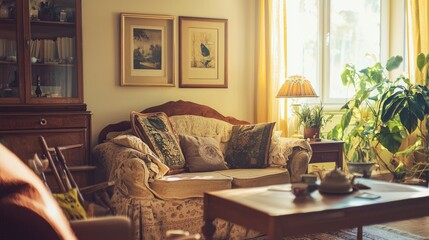 Fototapeta premium Cozy Living Room with Soft Lighting and Warm Decor Elements