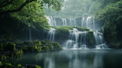 Naklejka premium Serene Waterfall Cascading Over Lush Greenery in Misty Forest