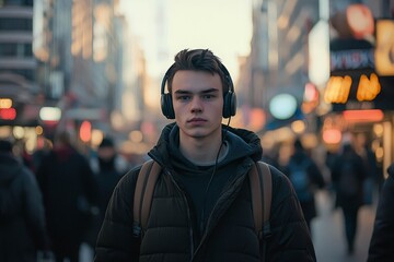 Fototapeta premium Portrait of a young man with headphones walking through a busy city street.