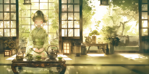 お茶を淹れる女性。水彩画。イラスト。バナー素材。挿絵。