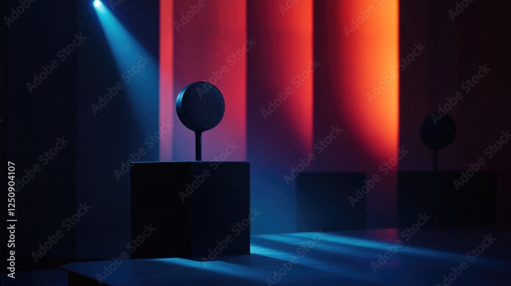 Poster a person sitting on top of a wooden block with a microphone, perfect for recording or presentation