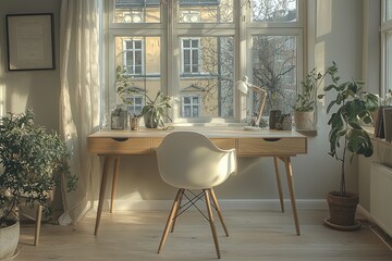 Fototapeta premium Sunlit Home Office Workspace With Plants and Desk