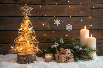 Festive Christmas Scene with Rustic Wooden Background