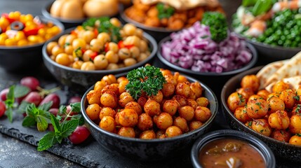 Many kinds of foods and appetizer on the dining table. Fasting concept with iftar table. Traditional foods.  HD 8K wallpaper Photographic Image