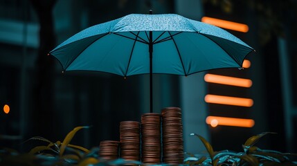 Rainy day, umbrella over stacked coins, city background, protection concept, stock photo