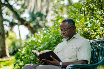 Fototapeta premium Relaxed man sitting on a park bench reading a book, bright greenery around him.