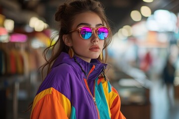 A person wearing a bright jacket and sunglasses, suitable for outdoor or casual use