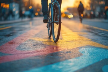 A cyclist rides on a colorful wet road during a beautiful sunset, creating a captivating scene.
