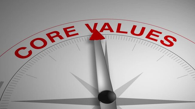 Core Value text or word with a gauge arrow on a compass, representing guidance and direction on a clean white background. Ideal for business, coaching, consulting, and self-improvement concept
